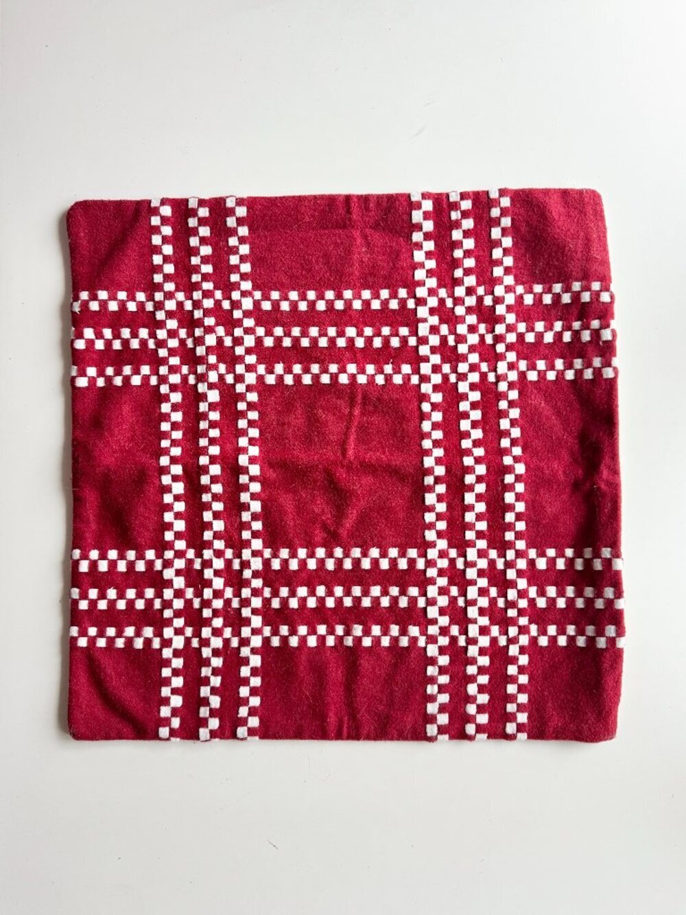 CRATE & BARREL Red White Check Woven Wool Plaid 23" x 23" Throw Pillow Cover